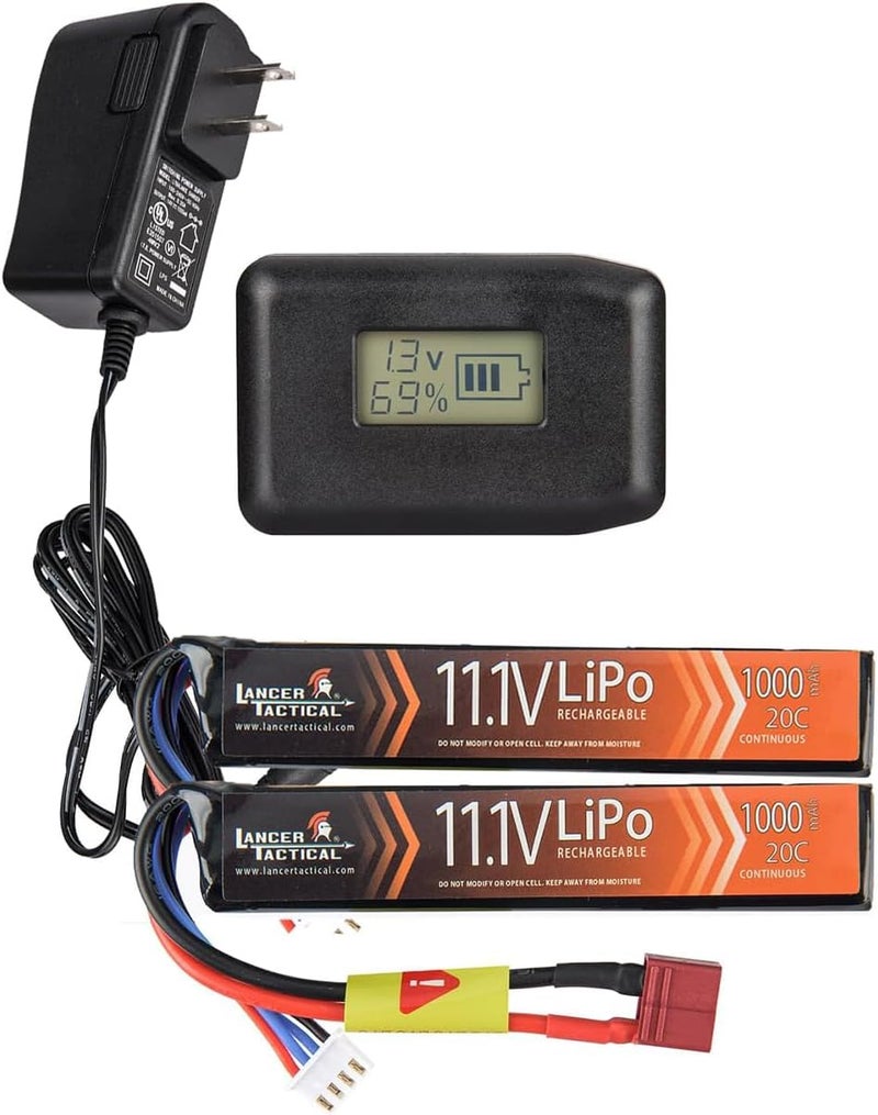 Lancer Tactical Airsoft LiPo Battery Charger Combo-Two Pack of 11.1v 1000mAh Stick Battery & Lipo Balance Charger w/LCD Screen (Safety Charging Bag Included) Dean/Tamiya (Dean) - Image 1